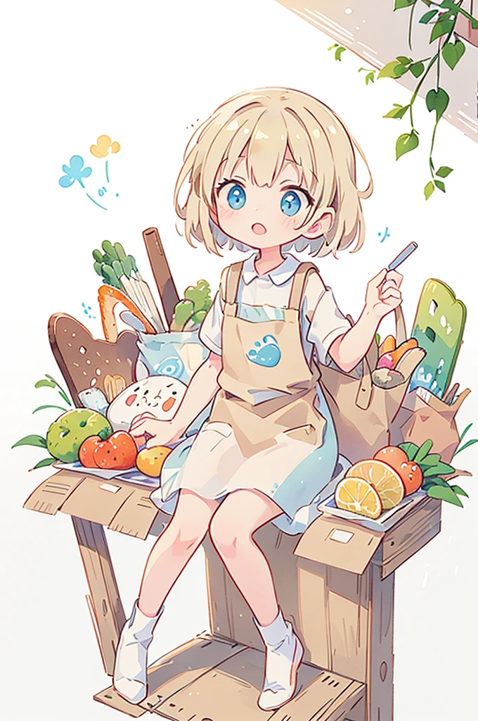 ((best quality)), ((masterpiece)), (detailed), loose watercolor, minimalist, create a picture of a cartoon grocery paper bag full of a lot healthy food, against plain brilliant white background, isolated, fresh, tasty, delicious, vibrant color. the grocery paper bag is sitting on a white brilliant surface, detailed. 8k