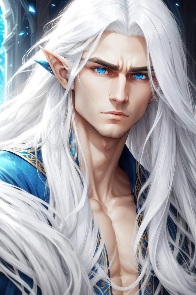 beautiful face, dramatic  man elf, long white hair, blue eyes