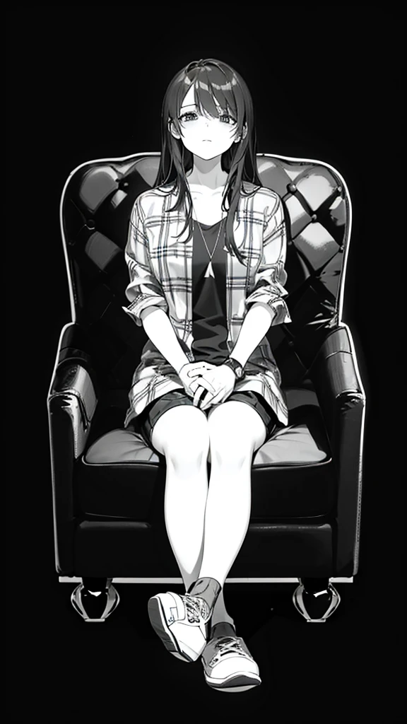 a woman with long, middle-parted hair in a plaid shirt and sexy short jeans mini-pants sitting on a chair with her legs crossed , sitting on the sofa, sitting on the sofa, sitting on the sofa, sitting on the sofa, sitting on a chairเท้าแขน, sitting on the sofa, sitting on a chairนวม, sitting on a chair, sitting on a chair, Sit down comfortably., sitting on a chair, sitting on a chair, sitting on a chair