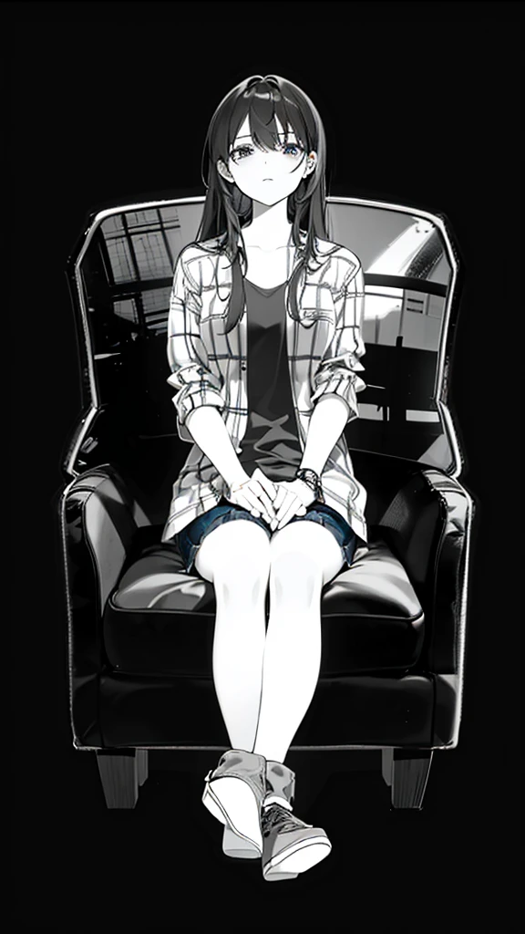 a woman with long, middle-parted hair in a plaid shirt and sexy short jeans mini-pants sitting on a chair with her legs crossed , sitting on the sofa, sitting on the sofa, sitting on the sofa, sitting on the sofa, sitting on a chairเท้าแขน, sitting on the sofa, sitting on a chairนวม, sitting on a chair, sitting on a chair, Sit down comfortably., sitting on a chair, sitting on a chair, sitting on a chair