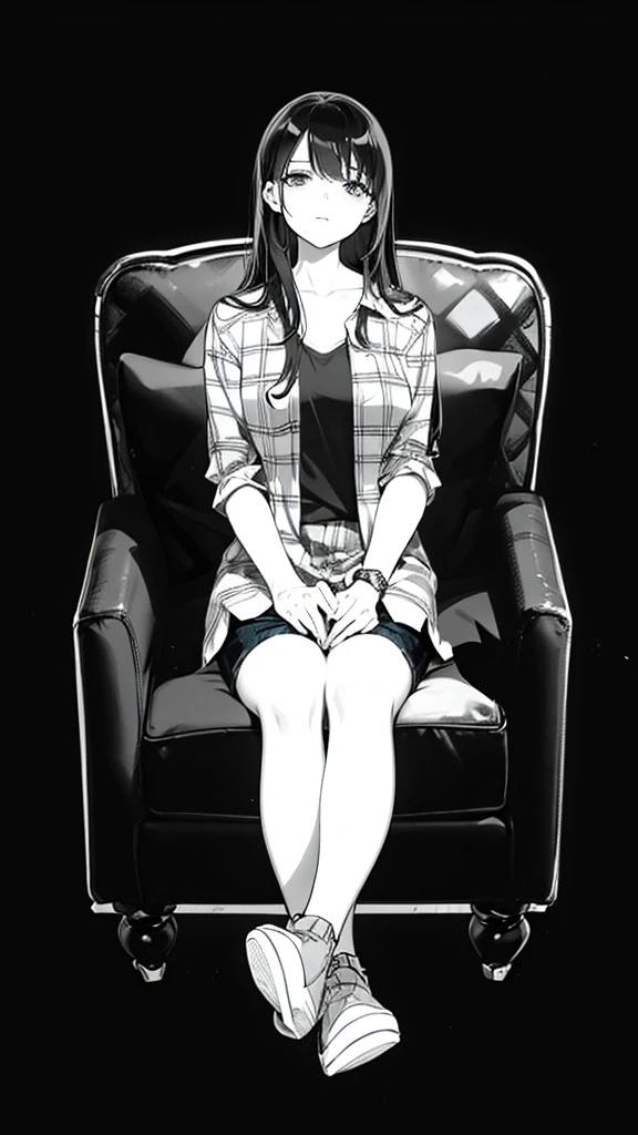 a woman with long, middle-parted hair in a plaid shirt and sexy short jeans mini-pants sitting on a chair with her legs crossed , sitting on the sofa, sitting on the sofa, sitting on the sofa, sitting on the sofa, sitting on a chairเท้าแขน, sitting on the sofa, sitting on a chairนวม, sitting on a chair, sitting on a chair, Sit down comfortably., sitting on a chair, sitting on a chair, sitting on a chair