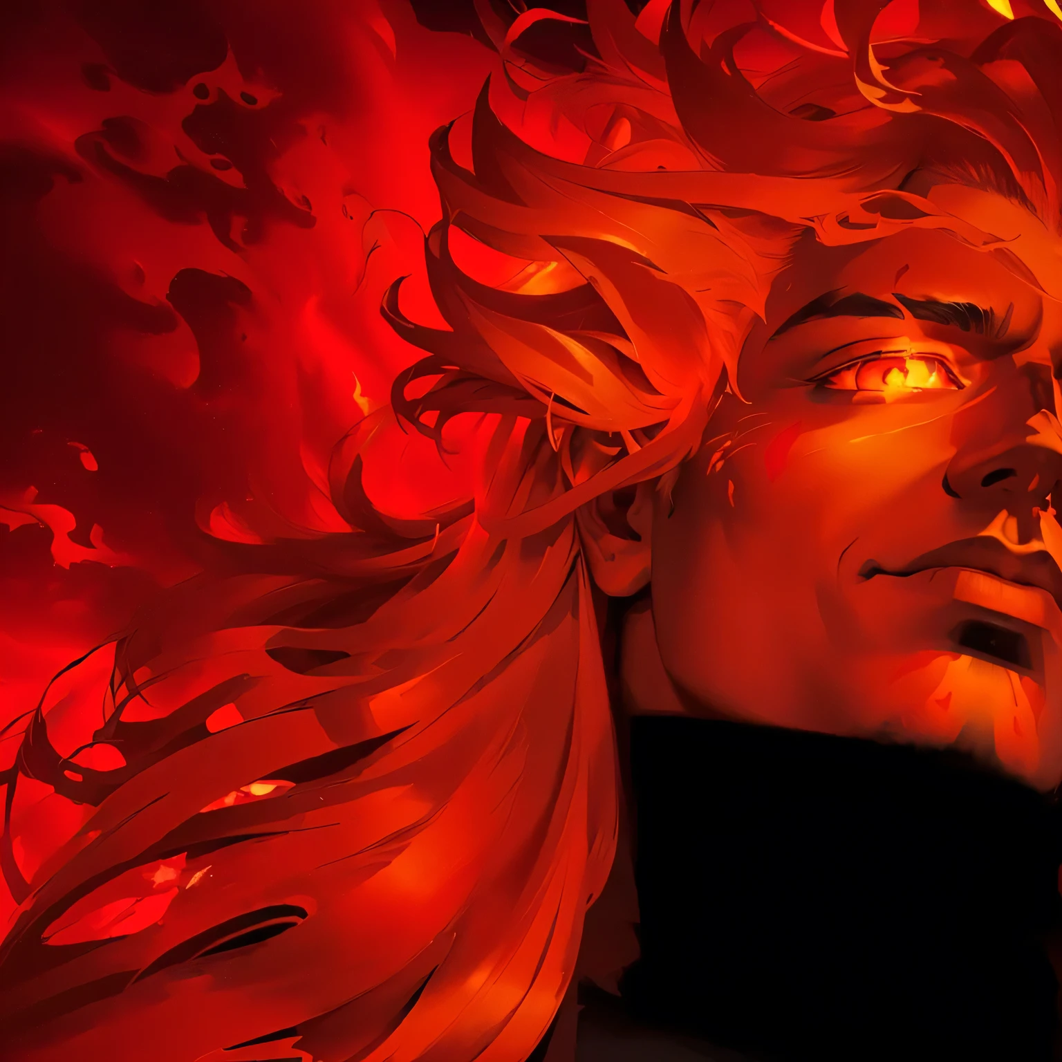 painting of a "naughty man" with red background and red background, enveloped in flames, crimson fire head, in the elemental plane of fire, enveloped in flames rodopiantes, fire behind him, hair made of fire, God of Fire, little detailed. digitalpainting, lava and God of Fire, God of Fire, flames surround her, fiery, burning red eyes