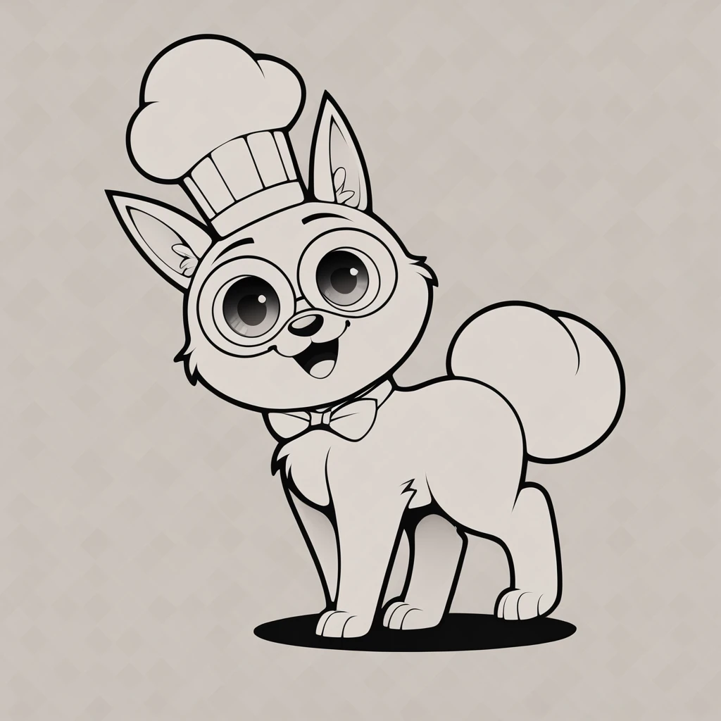 "a kawaii mascot character design of simple 2D, bold LINE art, with fluffy white fur, big round eyes and a chef hat. He has a warm, friendly smile and loves sweets. Always seen with a cute cake. His special move is the 'Sweet Spin' where he throws cakes to sweeten up any situation. Speaks in a sweet, adorable tone, ending sentences with '~kun'."