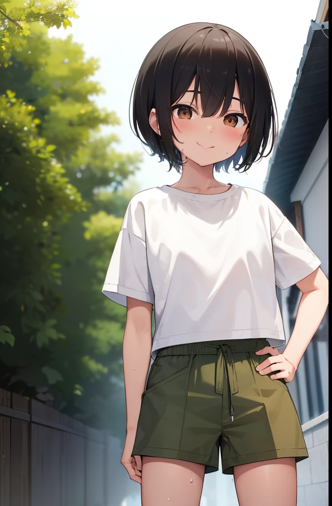 Residential Street,smile,Are standing,Place hands on hips,close your eyes,1 ,boyish.Two-block shorthair,Black Hair,blush,White T-shirt,Olive green shorts,Brown Sandals,White skin,summer,From below,shy,Sweat,Open your mouth,