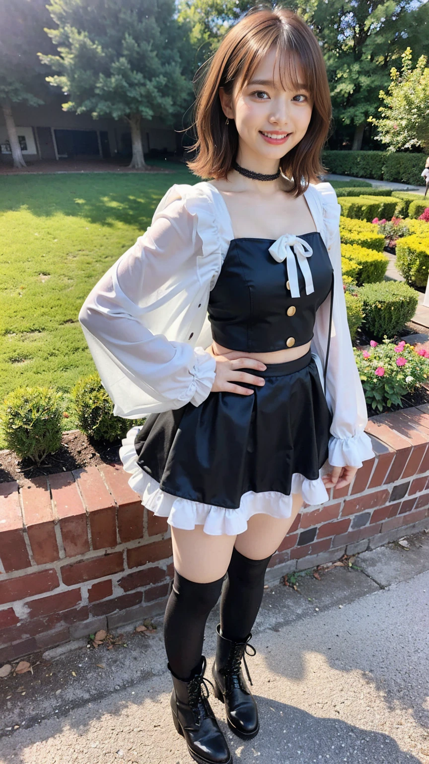 (8K、RAW Photos、Highest quality、masterpiece:1.2)、(Realistic、Realistic)、1 Girl、((Jacket、Black Mini Skirt、one piece、Frills、smile、Medium Hair、Pretty Cure Costume、See-through、tights、ribbon、boots、chest emphasis、whole body、garden、View from the front、Looking into the camera、Stand with your hands on your hips))、
