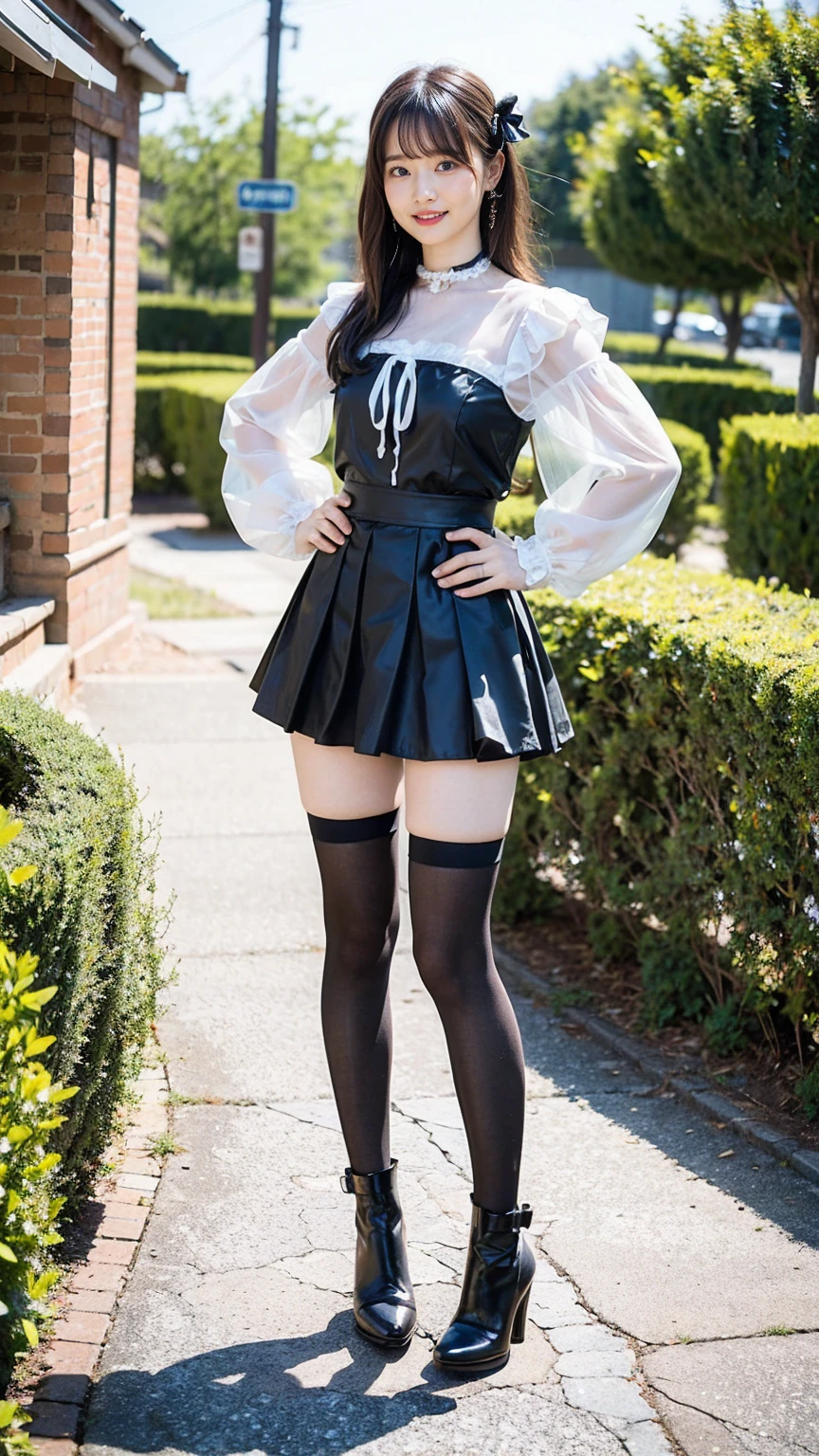 (8K、RAW Photos、Highest quality、masterpiece:1.2)、(Realistic、Realistic)、1 Girl、((Jacket、Black Mini Skirt、one piece、Frills、smile、Medium Hair、Pretty Cure Costume、See-through、tights、ribbon、boots、chest emphasis、whole body、garden、View from the front、Looking into the camera、Stand with your hands on your hips))、