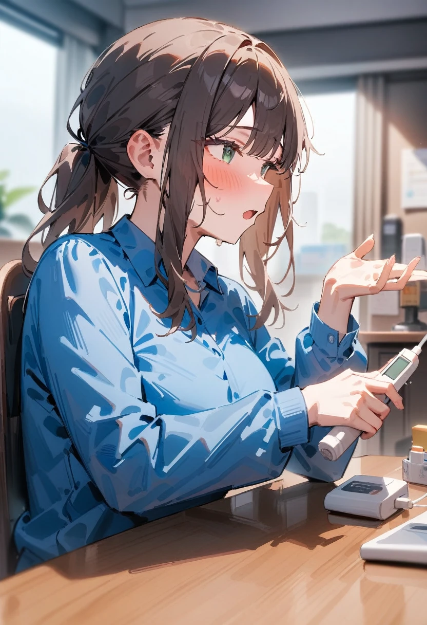 masterpiece, best quality, very aesthetic, absurdres, newest, 1girl, solo, long hair, blush, open mouth, brown hair, shirt, long sleeves, holding, green eyes, upper body, sidelocks, collared shirt, indoors, blurry, blurry background, chair, looking away, blue shirt, desk, breathalyzer, holding breathalyzer