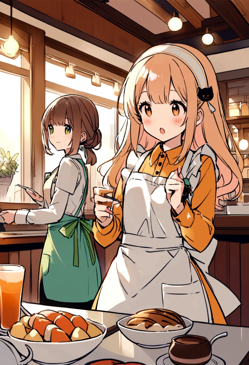 An illustration、Cat Cafe、Cute clerk、apron
