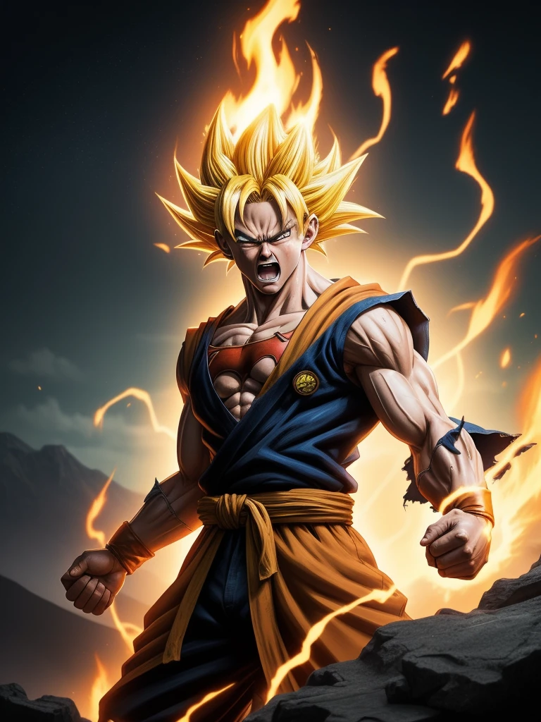 Dbz: Goku like character, extra long yellow hair, fighting at war, extrame rage, berserk, screaming, charging his massive energy around him, injured and dirty, ripped clothes, serious mood, character design, body is adorned with glowing yellow runes, orange and yellow aura around him fire like, moutains desert background ,body dynamic epic action pose, in the style of futuristic glamour, symetrical composition, redshift, energy-filled illustrations, dc comics, spectacular backdrops, jagged edges
