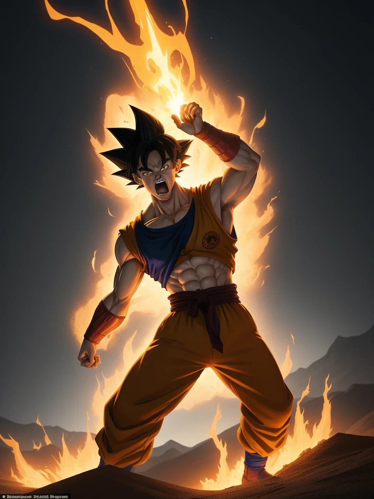 Dbz: Goku like character, extra long yellow hair, fighting at war, extrame rage, berserk, screaming, charging his massive energy around him, injured and dirty, ripped clothes, serious mood, character design, body is adorned with glowing yellow runes, orange and yellow aura around him fire like, moutains desert background ,body dynamic epic action pose, in the style of futuristic glamour, symetrical composition, redshift, energy-filled illustrations, dc comics, spectacular backdrops, jagged edges
