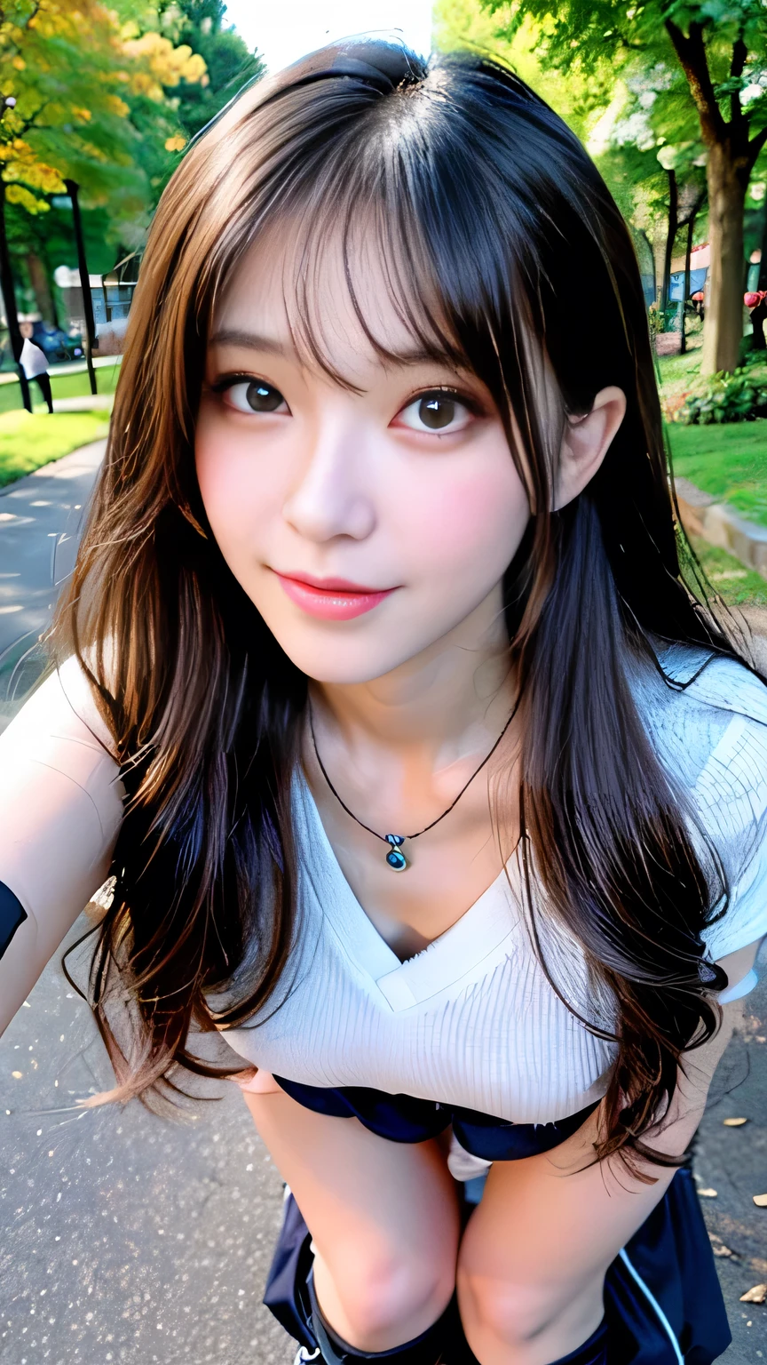 seed:4195271995,((Full Body Angle:1.1)),((Highest quality, 8K, masterpiece: 1.3)), concentrated: 1.2,Front hair:1.3, Cute girl 1,Nipples erect、 Perfect beauty: 1.4,Colorful ribbed knit half-zip T-shirt、Shorts,: 1.2,Randall Color、comics&Text Graphics、Black,1.1, Highly detailed face and skin textures, Fine grain, double eyelid, whitening skin, ,Highest quality,Ultra-high resolution,you,1 girl,alone,_Shiny_skin,Iris,necklace,((brown_length_Wavy_hair)),(lips)),eyelash,Front hair,deal with,compensate,Shiny,pore,skin big breasts、(smiling face)、Front hair、Walking in the park、walk