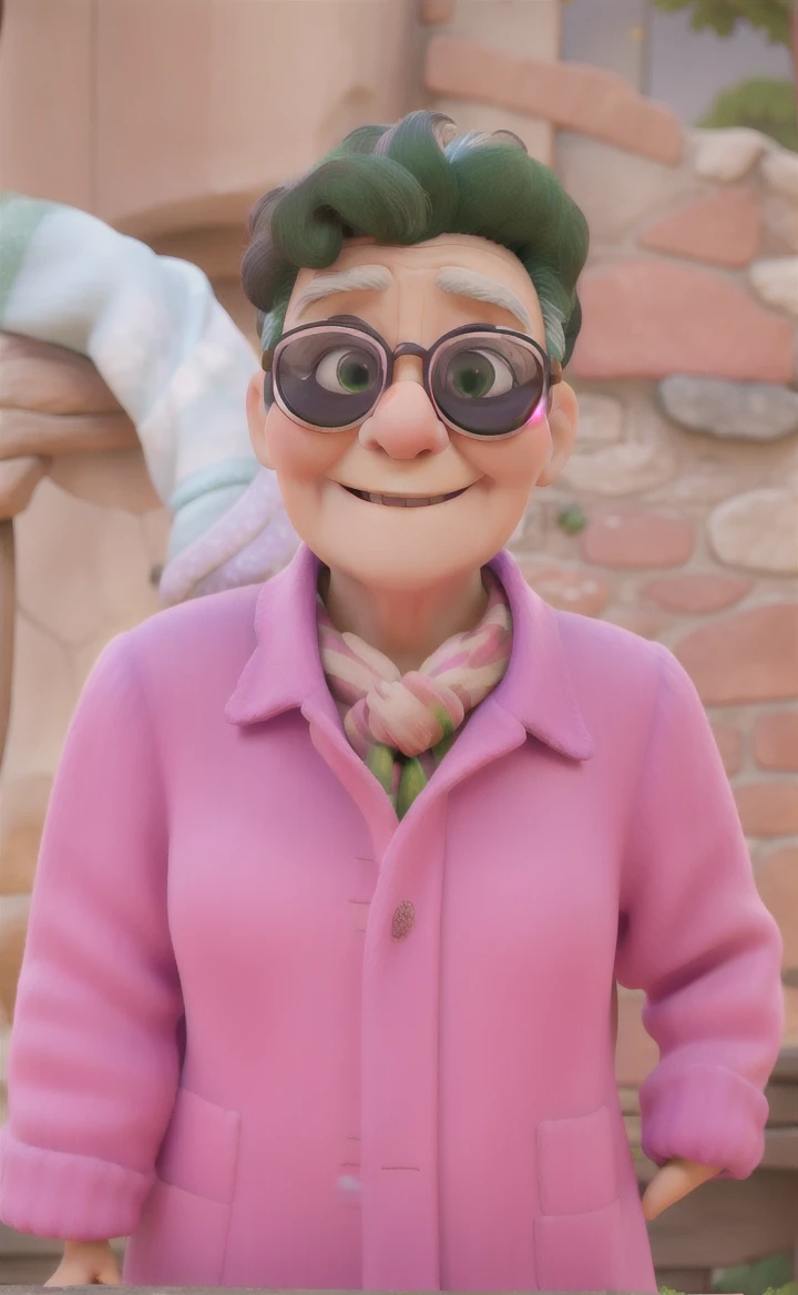 masterpiece, best quality, an old woman with glasses and a scarf on, wearing a purple coat and green scarf, standing at the park