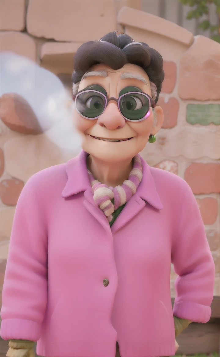 masterpiece, best quality, an old woman with glasses and a scarf on, wearing a purple coat and green scarf, standing at the park