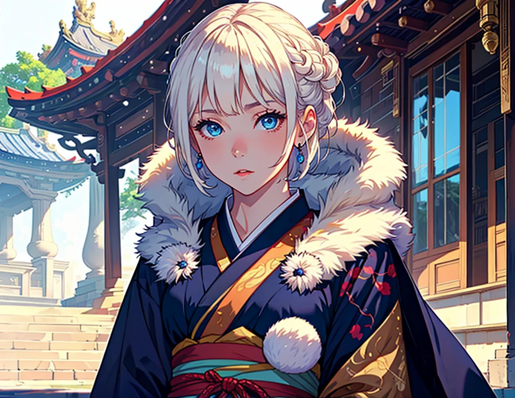 girl, Bruleukun, Highest quality, head, Original Costume, Hanfu, Clear details, masterpiece, Highest quality, Clear details, 1girl, Palace Background, blue eyes, Platinum Blonde Hair, short hair, Big eyes, White kimono, Fur cloak without emotional expression