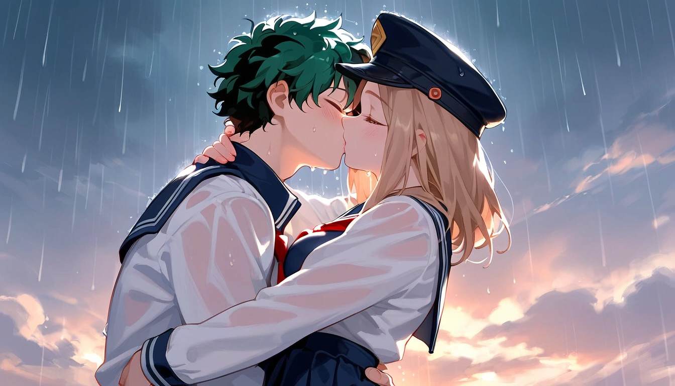 anime artwork, score_9, score_8_up, score_7_up, score_6_up, score_5_up, score_4_up, r,Camie Utsushimi, light brown hair, dark brown eyes,, breasts, , big breasts,  (school uniform:1.2), standing, cap, she is 24 years old,   wet whirt, ,horny, , , ,  style_3, 1boy, Izuku Midoriya,  kissing,  outdoors, raining,  blush, wet, dark atmoshpere, They are completely soaked, evening, gaps in the clouds, his hands on her hips, hugging, close-up