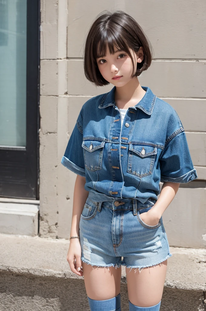 Denim shorts, high socks, micro mini, short hair, beautiful girl