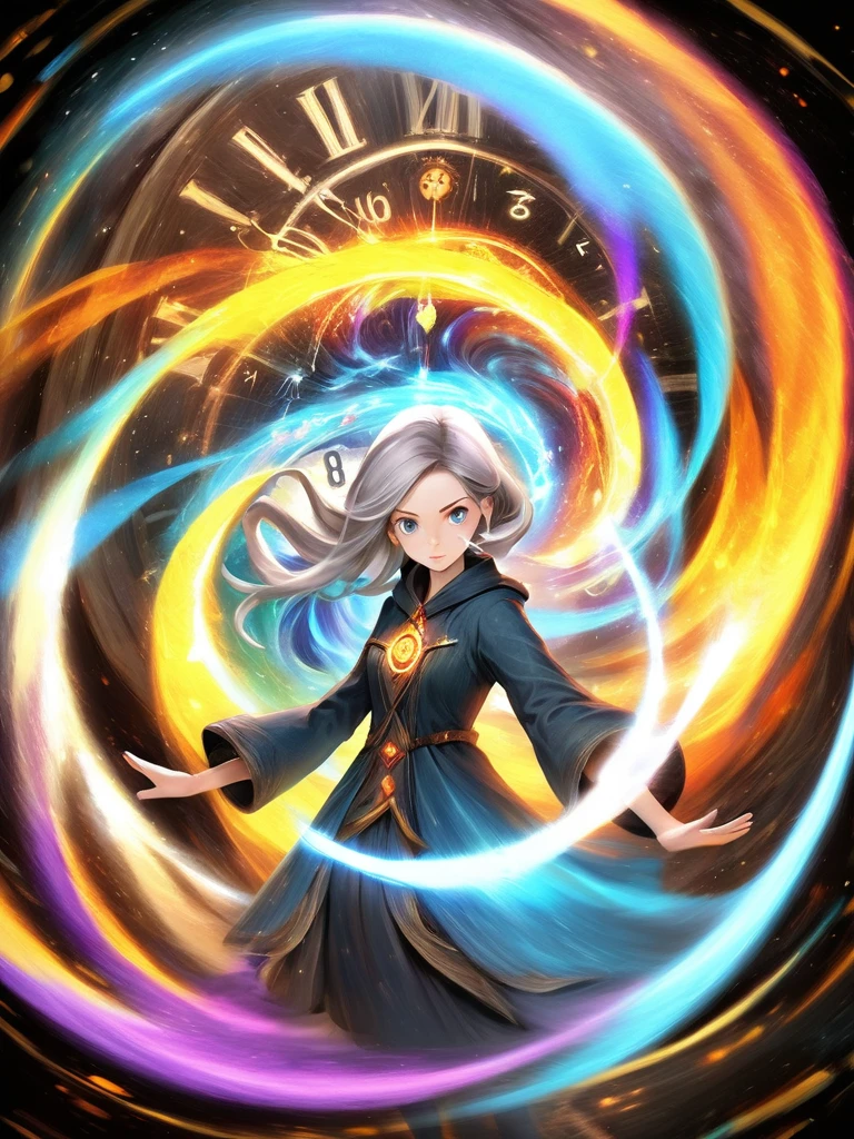 3D impressionist illustration((must)), 1girl, A Russian girl in her early 20s with ash grey hair, Create an image of a chronomancer, a time-manipulating mage with the power to alter the flow of time and peer into the past and future, The background is a colorful swirl