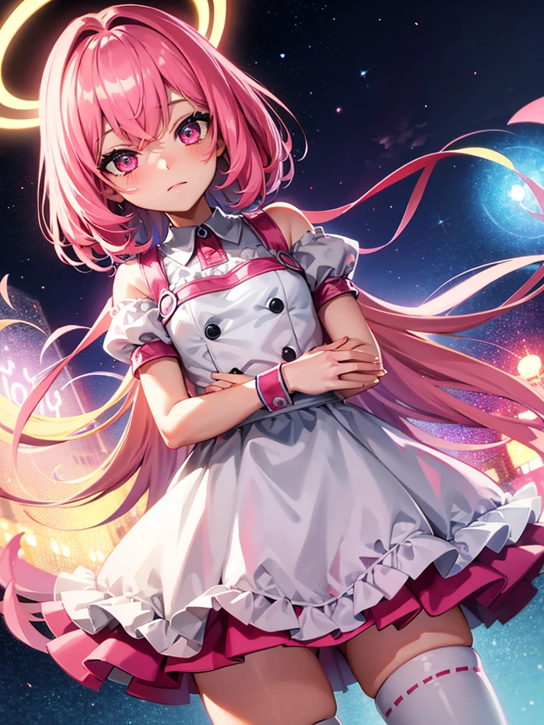 1 loli girl, pink hair with blue highlights, pink eyes, detailed face and hair, shy expression, blushing pink face ,short maid outfit, detail body, glowing stary eyes, cinematic lighting, extremely detailed, best quality, 4k, 8k, ultra HD, masterpiece, very anime style, bokeh, starry shining lighting, original character, fish eye angle,