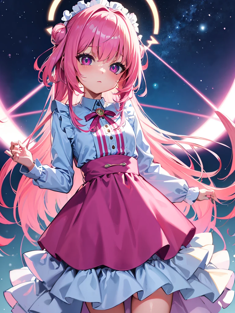 1 girl, pink hair with blue highlights, pink eyes, detailed face and hair, shy expression, blushing pink face ,short maid outfit, detail body, glowing stary eyes, cinematic lighting, extremely detailed, best quality, 4k, 8k, ultra HD, masterpiece, very anime style, bokeh, starry shining lighting, original character, fish eye angle,