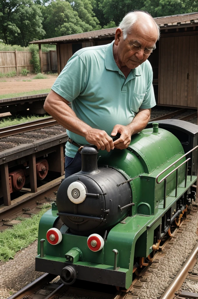Old man making vegetable train