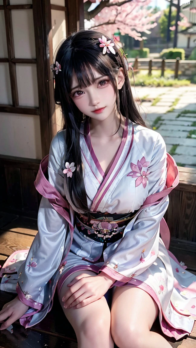 (logo、masterpiece、8k、table top、RAW photo、wonderful、最high quality、Photorealistic and hvery detailed CG integrated 8k wallpaper、high quality、very detailed、Narrative poem、particle effects、dynamic effects、written boundary depth、cinematic light、Lens flare、ray tracing)、fantasy、 (1 beautiful woman、white kimono、Japan Dress、white cherry blossom pattern、White cherry blossom embroidery pattern、black haired、beautiful face、real face、beautiful details eyes beautiful skin)、Hair flutters in Wind、hair bounces、pink cherry tree、petals dance、SakuraFubuki、wonderful scenery、sunrise、sun on background、Wind、god々、teeth、god story、vast land