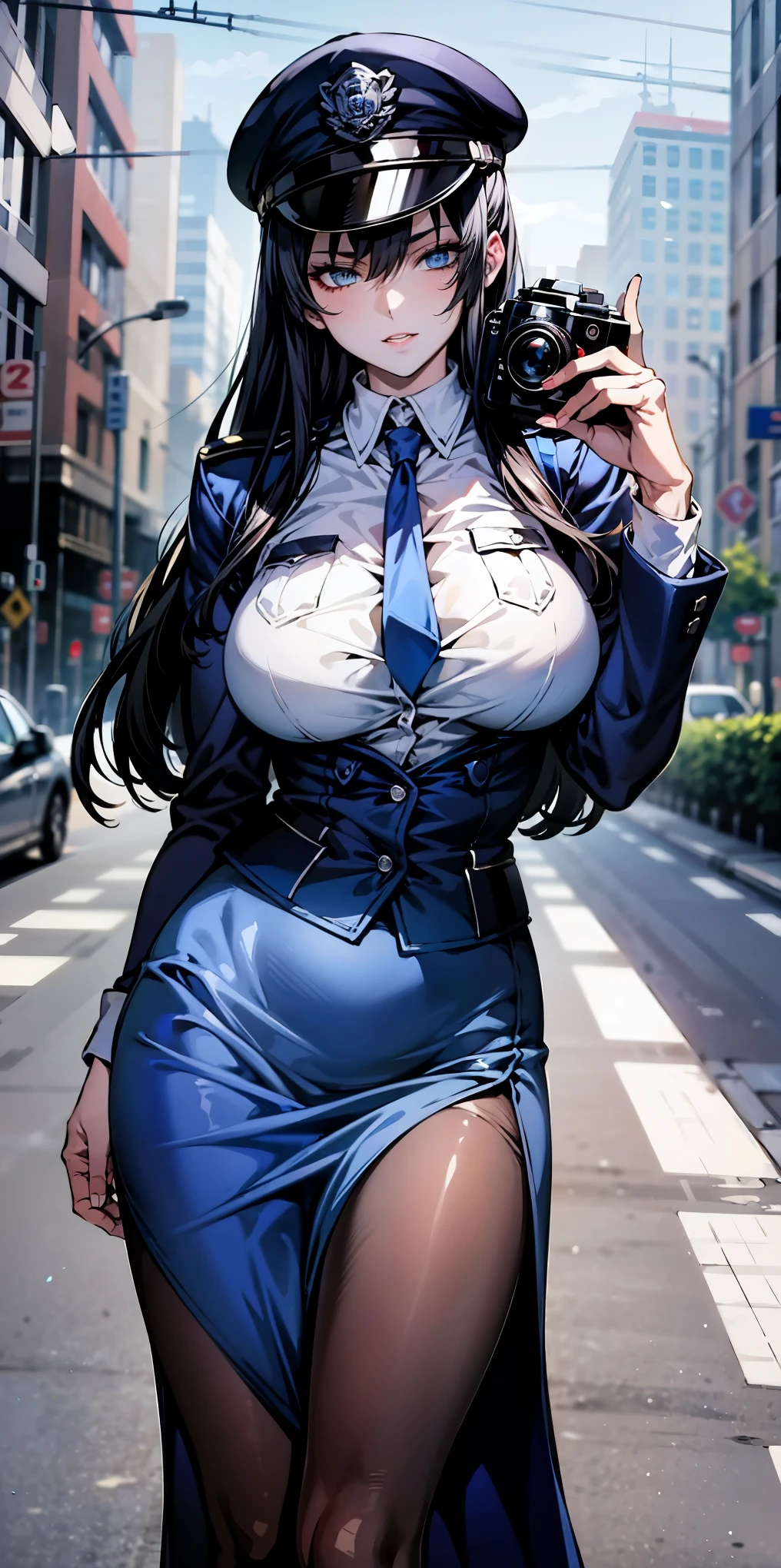 Ridiculous resolution, high resolution, (masterpiece:1.4), Extremely detailed, 1 Girl,blue eyes, Black long hair，Please wear police uniform and short skirt, White handbags、Pantyhose、City Streets,Sexy pose, The camera is close to your body