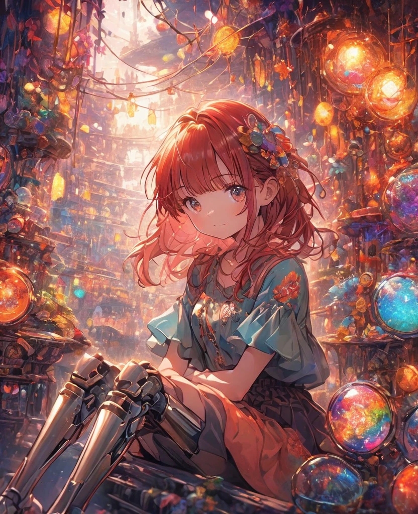 A colorful and dreamy anime-style illustration of a young girl with short red hair, sitting amidst a vibrant, mechanical landscape. She is wearing a casual outfit with mechanical leg armor, surrounded by a kaleidoscope of colors and glowing lights. The background is filled with whimsical details and a magical atmosphere. 