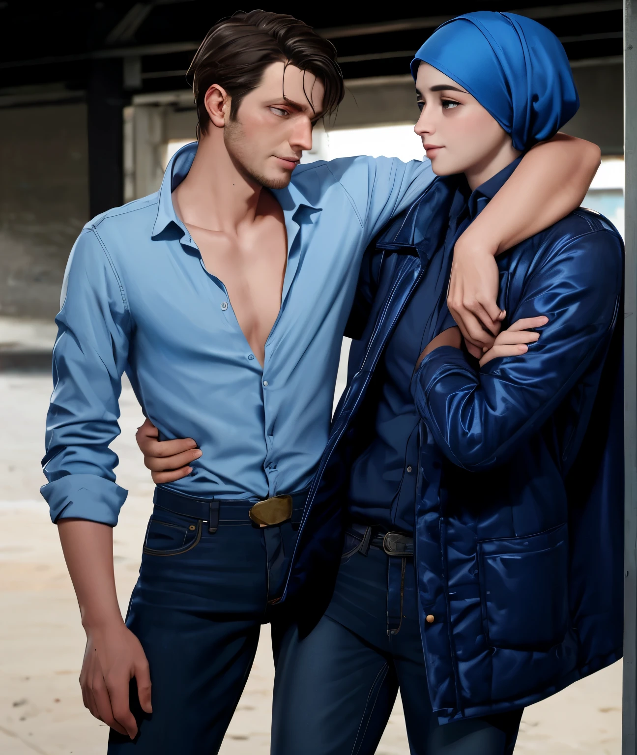 A young German man in a blue cotton shirt and jeans and a Syrian woman in a shiny plastic quilted coat and blue satin headscarf stand arm in arm in front of a refugee shelter, A German man in a cotton shirt and jeans is injured and is supported by a Syrian woman, A Syrian woman wearing a shiny plastic down coat supports an injured short-haired man, who can't walk alone, A Syrian woman wearing a headscarf holds an injured short-haired man in her arms, compassion, accident, injury, first aid, theater, ultra-realistic, photo