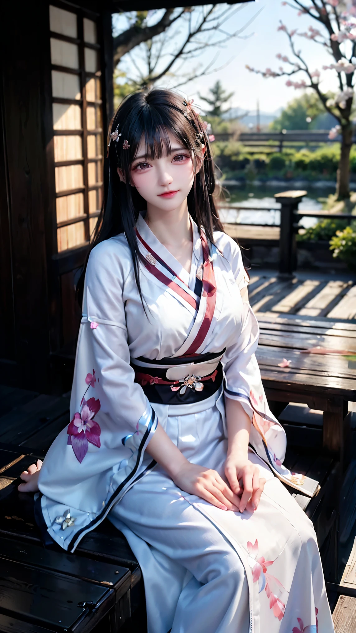 (logo、masterpiece、8k、table top、RAW photo、wonderful、最high quality、Photorealistic and hvery detailed CG integrated 8k wallpaper、high quality、very detailed、Narrative poem、particle effects、dynamic effects、written boundary depth、cinematic light、Lens flare、ray tracing)、fantasy、 (1 beautiful woman、white kimono、Japan Dress、white cherry blossom pattern、White cherry blossom embroidery pattern、black haired、beautiful face、real face、beautiful details eyes beautiful skin)、Hair flutters in Wind、hair bounces、pink cherry tree、petals dance、SakuraFubuki、wonderful scenery、sunrise、sun on background、Wind、god々、teeth、god story、vast land