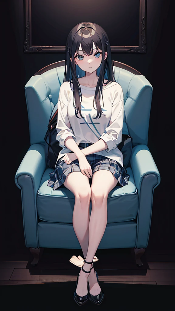 a woman with long, middle-parted hair in a plaid shirt and sexy short jeans mini-pants sitting on a chair with her legs crossed , sitting on the sofa, sitting on the sofa, sitting on the sofa, sitting on the sofa, sitting on a chairเท้าแขน, sitting on the sofa, sitting on a chairนวม, sitting on a chair, sitting on a chair, Sit down comfortably., sitting on a chair, sitting on a chair, sitting on a chair