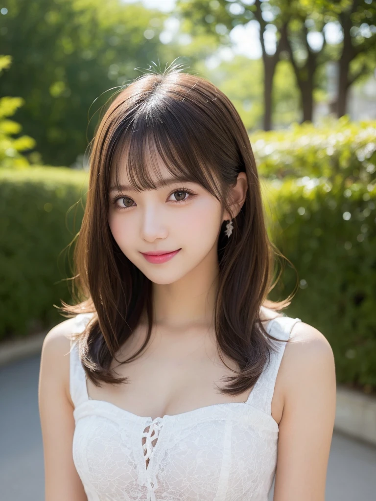 masutepiece, Best Quality, Illustration, Ultra-detailed, finely detail, hight resolution, 8K Wallpaper, Perfect dynamic composition, Beautiful detailed eyes, Women's Fashion Summer,Medium Hair,Small breasts natural color lip, Bold sexy poses,Smile,Harajuku、20 years girl、Cute、Sexy shot looking at camera
