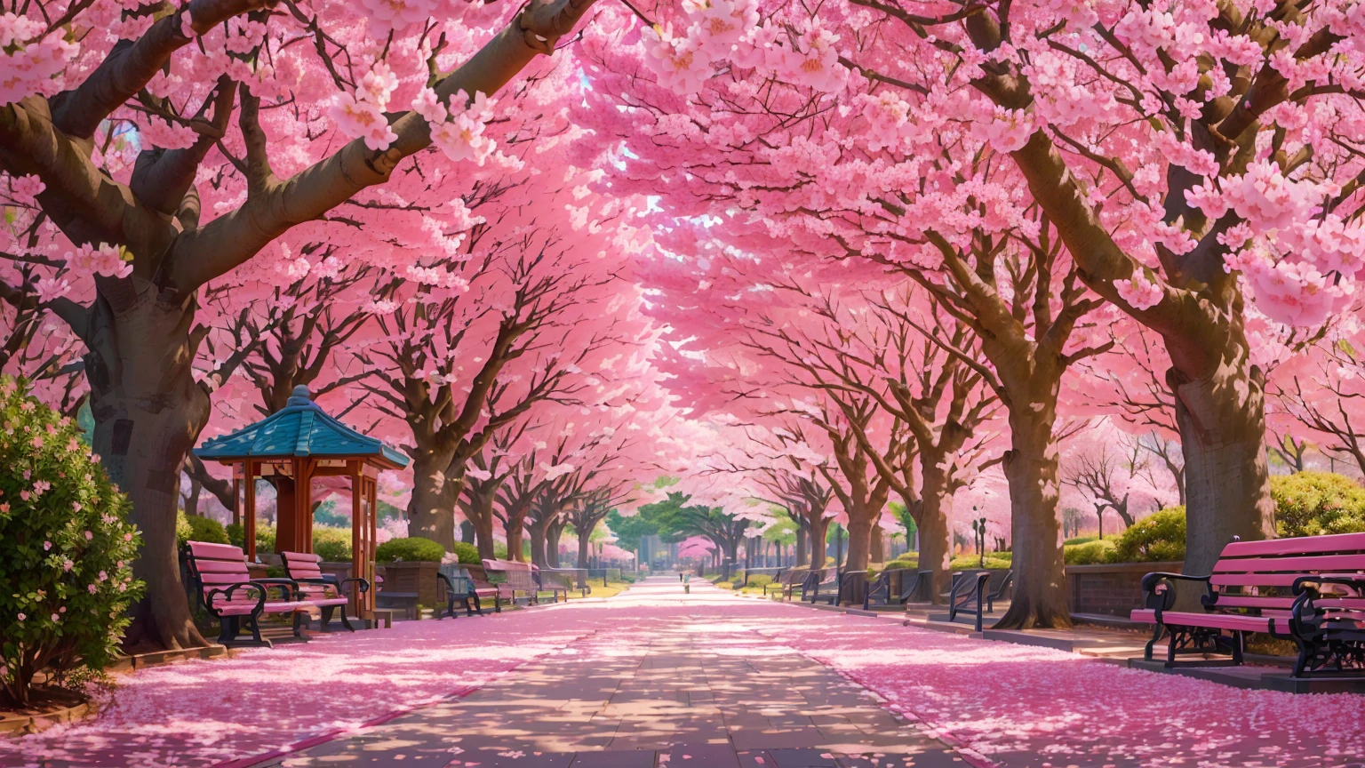 araffe lined walkway with benches and pink flowers in the park, cherry blossom trees, cherry blossom forest, pink trees, breath - taking beautiful trees, breath-taking beautiful trees, sakura trees, lush sakura trees, beautiful trees, blossoming path to heaven, cherry blossom tree, cherry trees, cherry blossoms, cherry-blossom-tree, beautiful iphone wallpaper