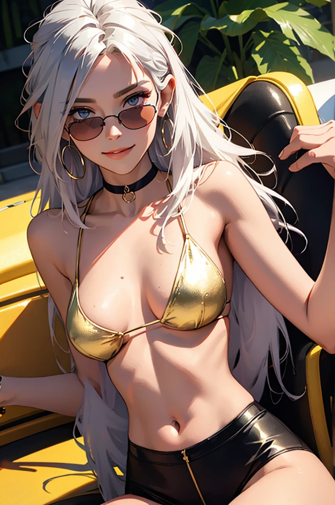 tmasterpiece,(tmasterpiece,top-quality,best qualityer),1girll, jewely,耳Nipple Ring,choker necklace,bangle, hoop earings, circle glasses,sun glasses, Long hair and long meat, Blonde hair,Black color hair,Silvery-white hair,Maroon hair, solo, ssmile, looking at viewert, motorvehicle,The Car, Sports cars,groundvehicle, Sat down, exteriors, daysies, nedium breasts,Open navel, dark skinned female, floral patterns, grinning smile,collars,Laser cloth,Sexy bikini,laser,holy rays,gold foil,Gold leaf art,glitter drawing,Correct anatomy,Detailed face, Detailed eyes,Chest exposed,pov