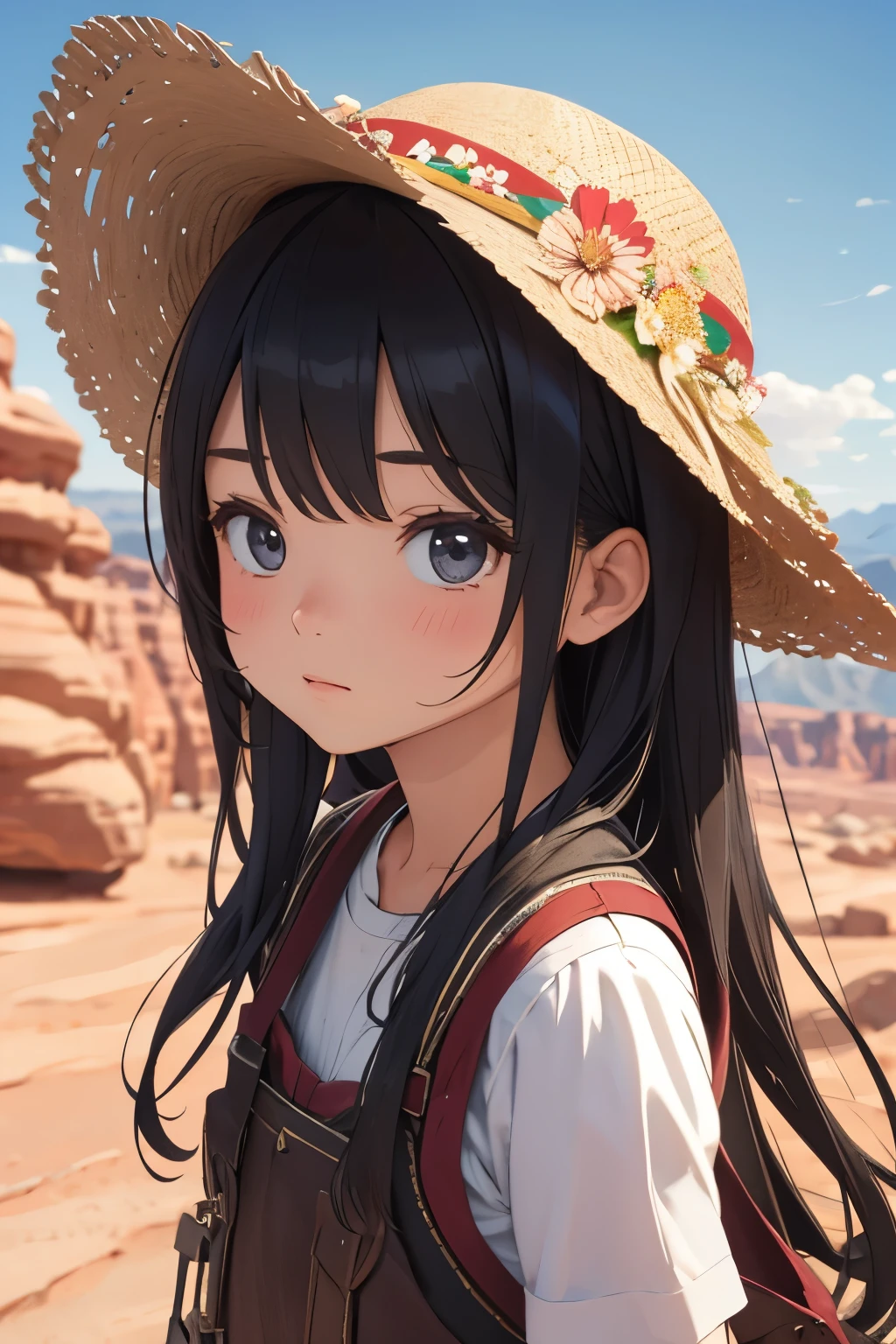 Chibi Girl、Walking along a straight road in Valley of Fire State Park、hat、Sweat、heat haze、No green、I can see a big rock mountain、Very detailed、Ultra-realistic、Photorealistic、8K、Hyperrealistic、masterpiece、Beautiful detailed eyes、Beautiful detailed lips、Very detailedな顔、Long eyelashes、Beautiful young girl、Calm expression、Warm colors、Beautiful lighting、Cinematic、Intricate details、Bright colors、Soft Focus、Depth of written boundary