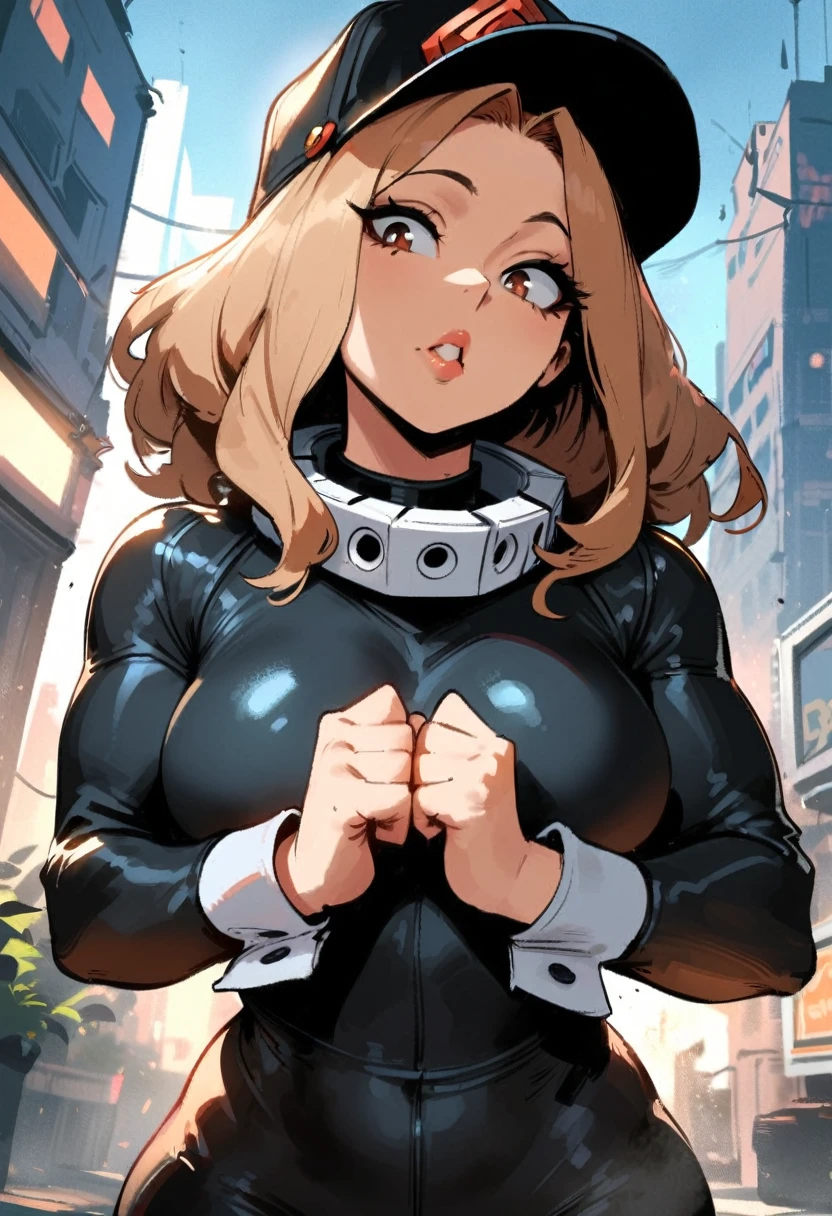 1girl, utsushimi kemii, boku no hero academia \\\\\ masterpiece, best quality, very aesthetic, absurdres, newest \\\\\\ slim body,///// by dodok,by nyantcha,cutesexyrobutts , by khyle,,////// beautiful face,  light brown hair  ,plump and glossy lips, . , , dark brown eyes,, cap,  black catsuit . She wears white cuffs around her wrists,,standing, city, (rear view:1.2), ass view,, hands in fists,pov
