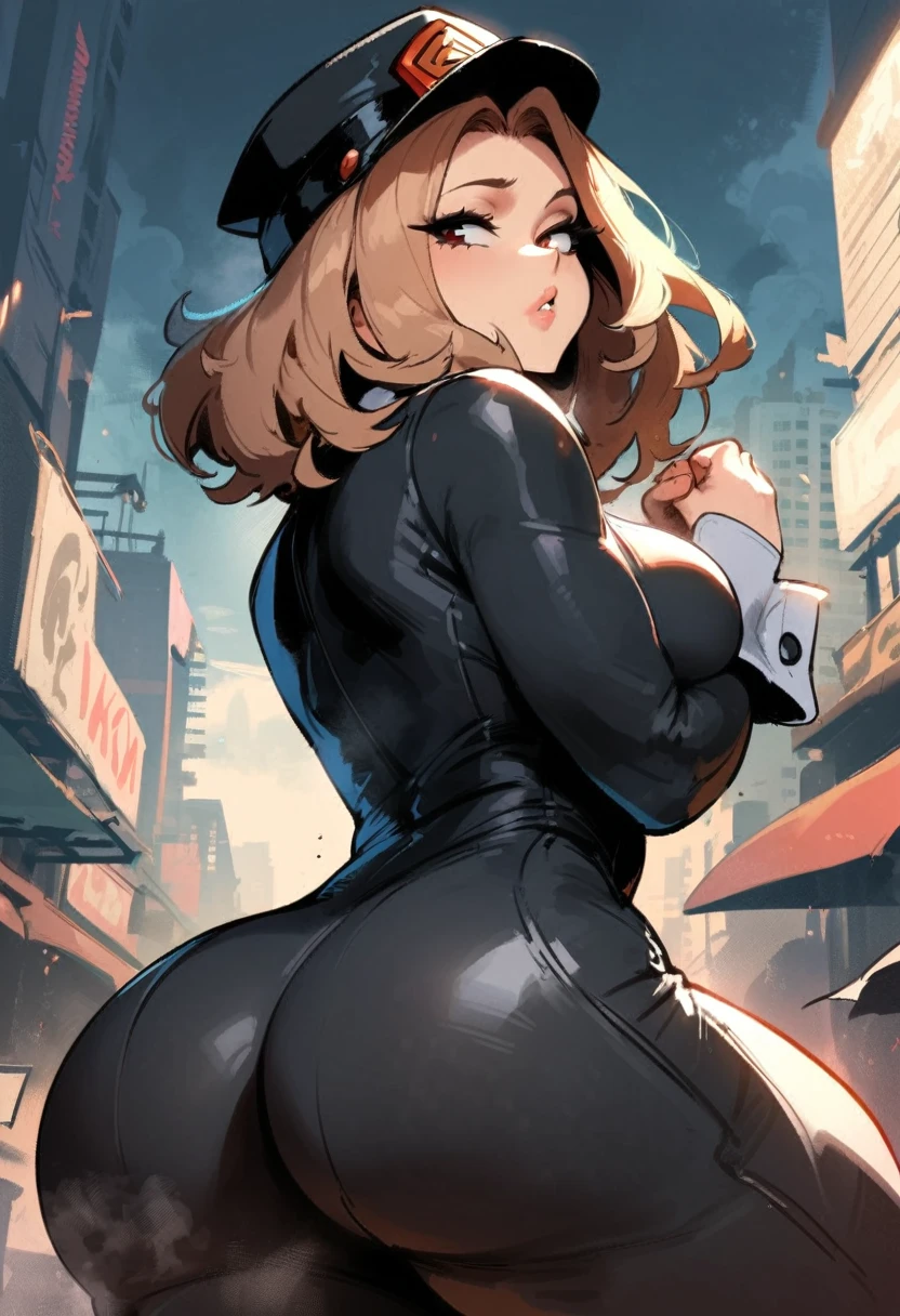 1girl, utsushimi kemii, boku no hero academia \\\\\ masterpiece, best quality, very aesthetic, absurdres, newest \\\\\\ slim body,///// by dodok,by nyantcha,cutesexyrobutts , by khyle,,////// beautiful face,  light brown hair  ,plump and glossy lips, . , , dark brown eyes,, cap,  black catsuit . She wears white cuffs around her wrists,,standing, city, (rear view:1.2), ass view,, hands in fists,pov
