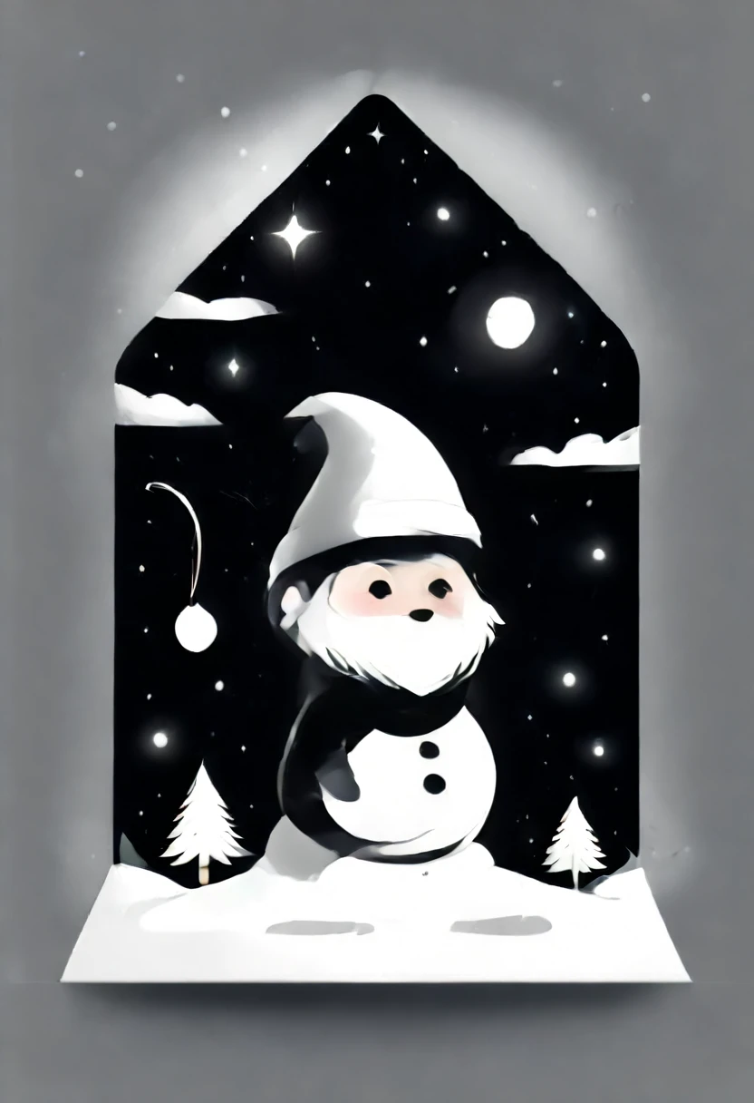 make me a simple greeting card design for Christmas with a black and white theme, ada elemen bintang, snow and santa hat.