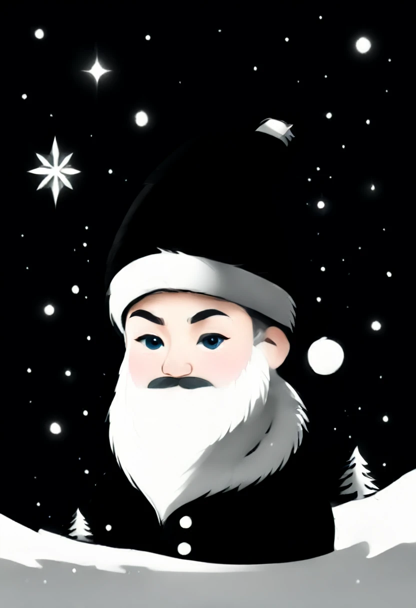 make me a simple greeting card design for Christmas with a black and white theme, ada elemen bintang, snow and santa hat.