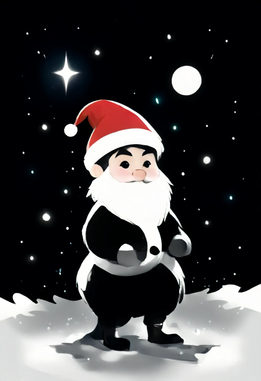 make me a simple greeting card design for Christmas with a black and white theme, ada elemen bintang, snow and santa hat.