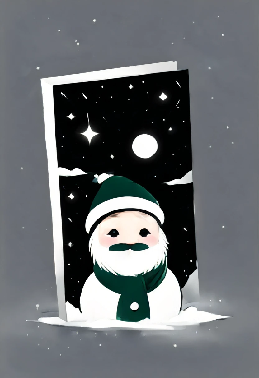 make me a simple greeting card design for Christmas with a black and white theme, ada elemen bintang, snow and santa hat.