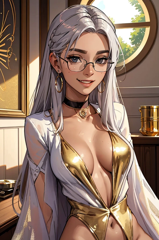 tmasterpiece，（tmasterpiece，top-quality，best qualityer），1girll， jewely，耳Nipple Ring，choker necklace，bangle， hoop earings， circle glasses，sun glasses， Long hair and long meat， Blonde hair，Black color hair，Silvery-white hair，Maroon hair， solo， ssmile， looking at viewert， (missionary sex, pov)， Sat down， exteriors， daysies， nedium breasts，Open navel， dark skinned female， floral patterns， grinning smile，collars，Laser cloth，Sexy bikini，laser，holy rays，gold foil，Gold leaf art，glitter drawing，Correct anatomy，Detailed face, Detailed eyes，Chest exposed，