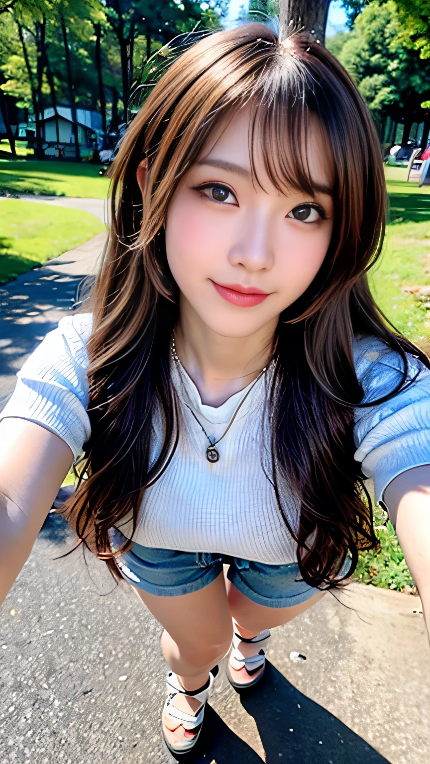 seed:4195271995,((Full Body Angle:1.1)),((Highest quality, 8K, masterpiece: 1.3)), concentrated: 1.2,Front hair:1.3, Cute girl 1,Nipples erect、 Perfect beauty: 1.4,Colorful ribbed knit half-zip T-shirt、Shorts,: 1.2,Randall Color、comics&Text Graphics、Black,1.1, Highly detailed face and skin textures, Fine grain, double eyelid, whitening skin, ,Highest quality,Ultra-high resolution,you,1 girl,alone,_Shiny_skin,Iris,necklace,((brown_length_Wavy_hair)),(lips)),eyelash,Front hair,deal with,compensate,Shiny,pore,skin big breasts、(smiling face)、Front hair、Walking in the park、walk