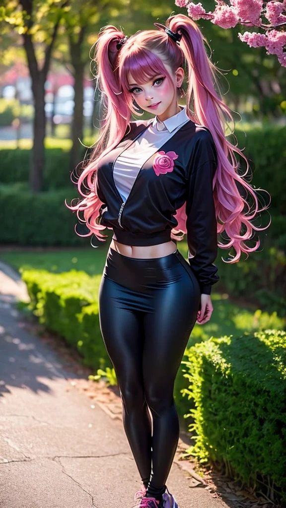 extremely detailed CG unity 8k wallpaper, best quality, ultra-detailed, masterpiece, realistic, photo realistic, blush, parted lips, looking at viewer , half body shot , (Perona One Piece), ping long hair, blushing, beautiful face, embarrassed face, standing, arms behind head, cute face, goth outfit, twintails, outdoor, sakura blossom, stripe legging, skirt, smile at viewer,