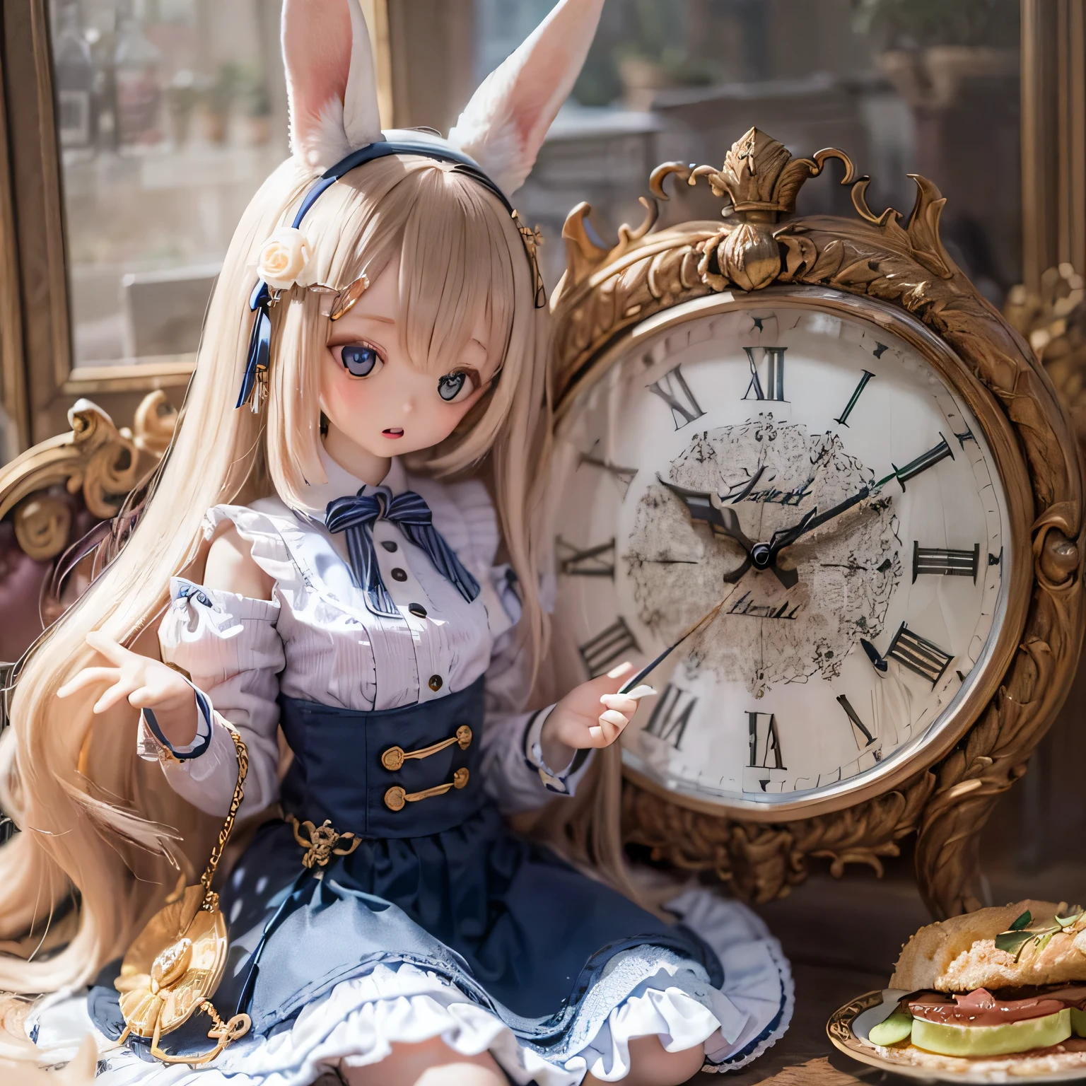 
The rabbit girl is holding a big clock with Alice_Wonderland