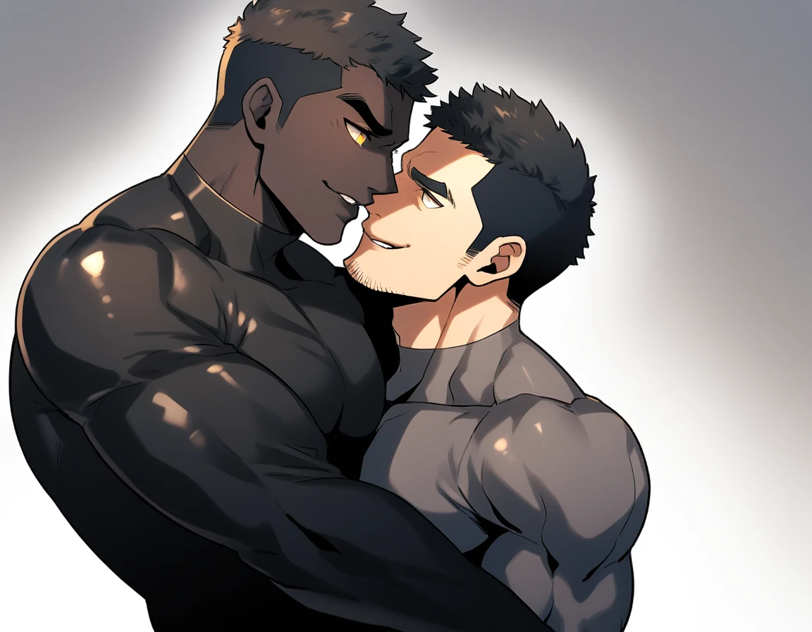 anime characters：Two superheroes in tights, Muscle superhero, negro black skin, They hugged and kissed each other, Bite your neck, Caress, Manliness, male focus, Yellow and black high collar long sleeve tight T-shirt, Slightly transparent material, Very tight, Round, full and perky chest muscles, Male dog waist, Slightly transparent, muscular male, muscular, only, Upper body, alone, Black short hair, Thick eyebrows, stubble, Yellow eyes, Grey background, simple background, amazing quality, best aesthetics, Ridiculous, bright pupils, crew cut, parted lips, seductive smile, torogao, naughty face, drop shadow, best quality