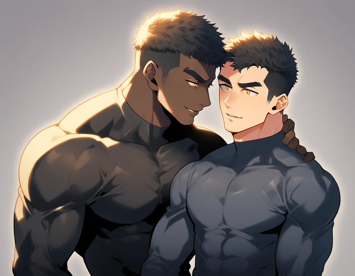 anime characters：Two superheroes in tights, Muscle superhero, negro black skin, They hugged and kissed each other, Bite your neck, Caress, Manliness, male focus, Yellow and black high collar long sleeve tight T-shirt, Slightly transparent material, Very tight, Round, full and perky chest muscles, Male dog waist, Slightly transparent, muscular male, muscular, only, Upper body, alone, Black short hair, Thick eyebrows, stubble, Yellow eyes, Grey background, simple background, amazing quality, best aesthetics, Ridiculous, bright pupils, crew cut, parted lips, seductive smile, torogao, naughty face, drop shadow, best quality