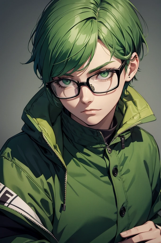 1man, green hair, green eyes, short hair, glasses, big dark jacket, bored, 21 years old