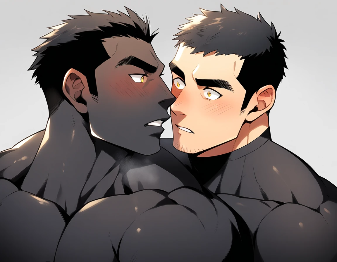 aanime characters：Two superheroes in tights, Muscle superhero, Black Short Hair, negro black skin, They hugged and kissed each other, Bite your neck, Caress, Manliness, male focus, Yellow and black high collar long sleeve tight T-shirt, Slightly transparent material, Very tight, Round, full and perky chest muscles, Male dog waist, Slightly transparent, muscular male, muscular, only, Upper body, alone, Black Short Hair, Thick eyebrows, stubble, Yellow eyes, Grey background, simple background, amazing quality, best aesthetics, Ridiculous, bright pupils, crew cut, parted lips, blush, heavy breathing, endured face, drop shadow, best quality