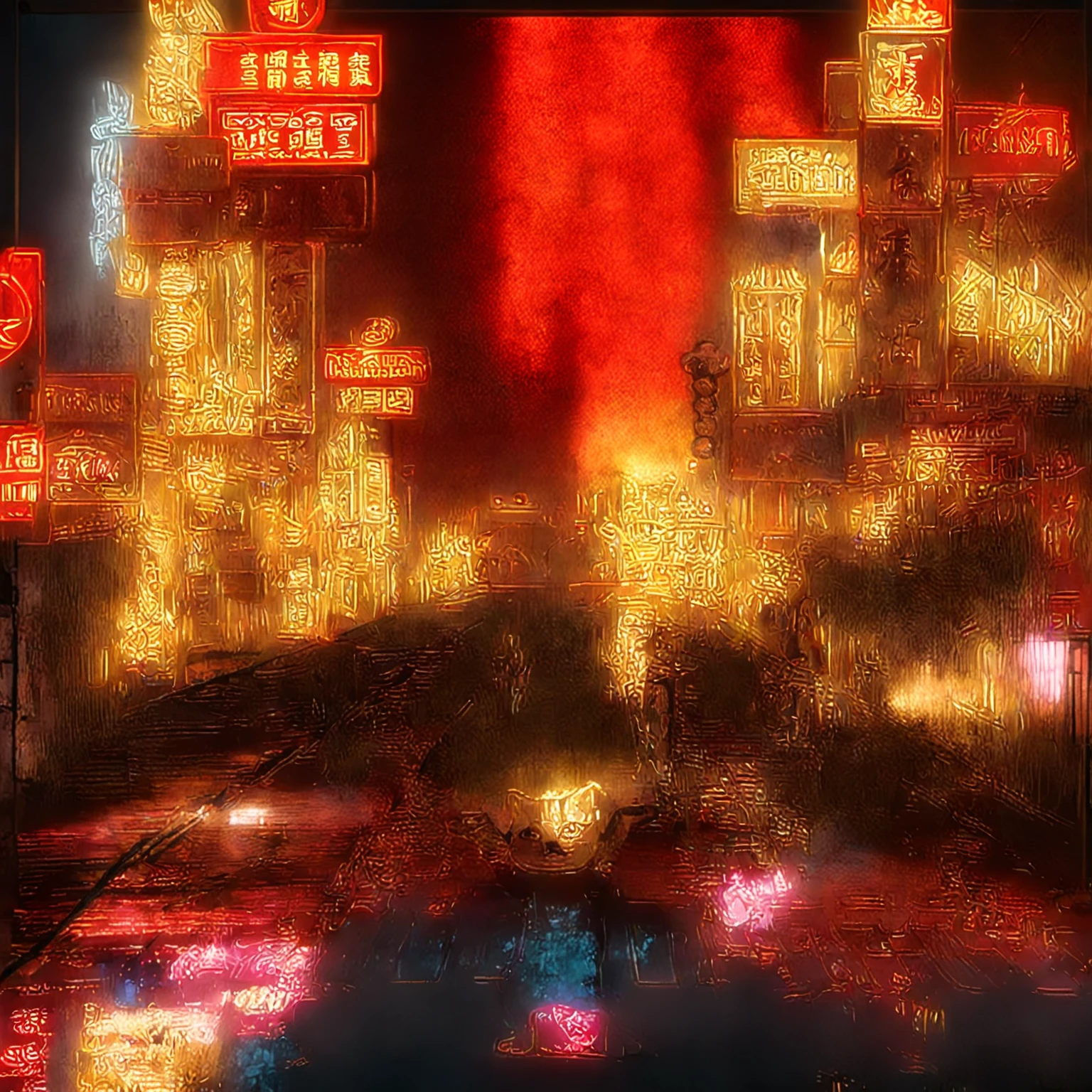 There is a ginger cat standing with hands raised on the road, Covered with Chinese advertisements, Powerful vfx at night in the city, Chinatown Blade Runner, digital anime painting style