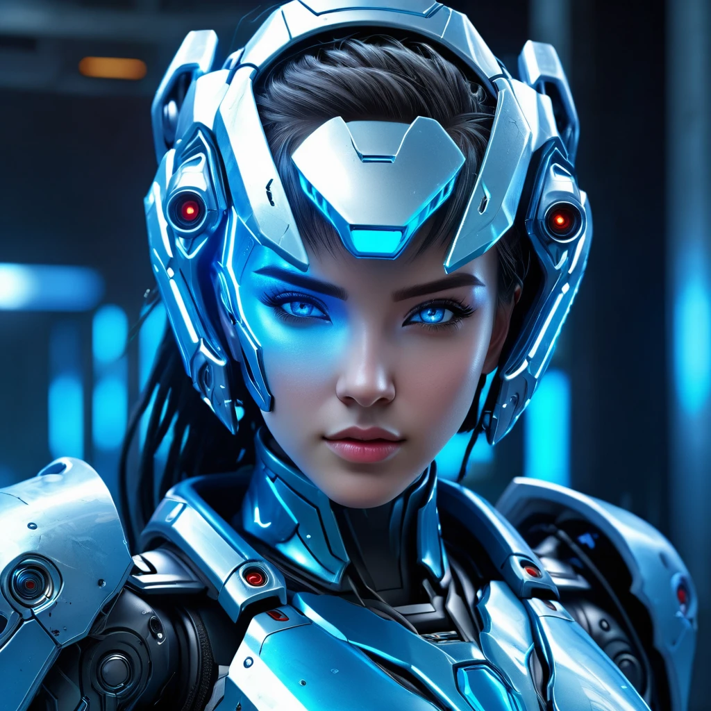 Face A Mecha Girl, laser, Powerful armor, Sharp Eyes, Frost, inflammation, Perfect detail, (Highest quality, 4K, High resolution, masterpiece:1.2), Super detailed, Realistic:1.37, High resolution, Studio Lighting, Vibrant colors, (cyber punk, Futuristic) style, Icy blue color scheme, Dynamic Lighting.